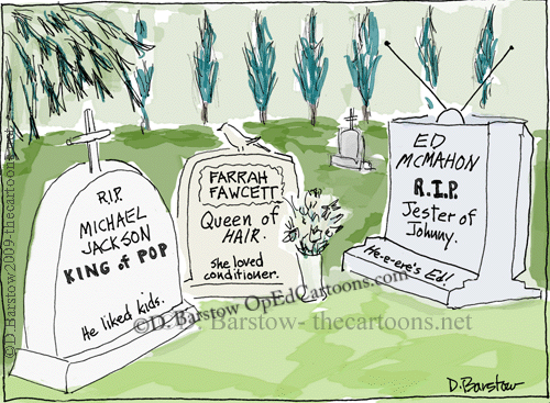 Michael Jackson cartoon of grave, with Farrah Fawcett and Ed mcMahon
