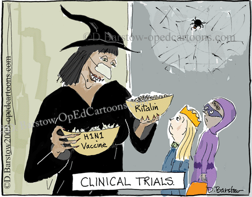 H1N1 cartoon about giving out vaccines for Halloween.