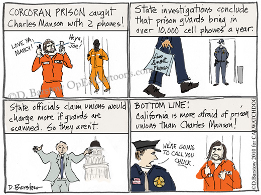 Charles Manson cartoon in prison with his cell phone 